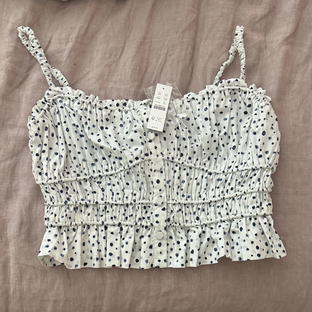 J. Crew White and Navy Polka Dot Smocked Crop Top - NWT